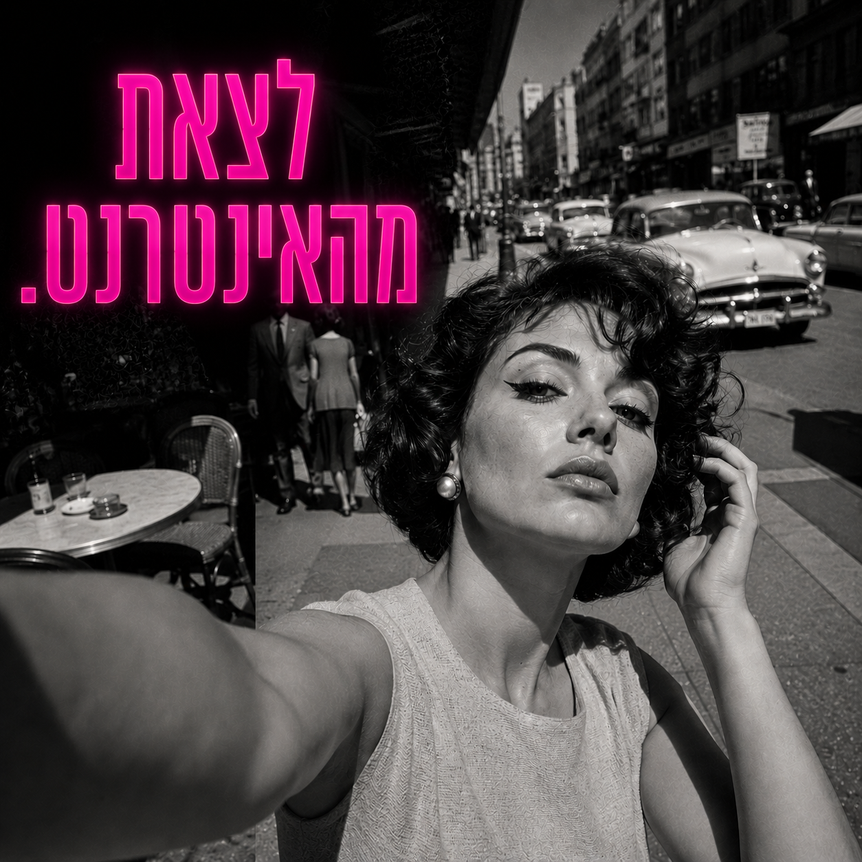 קונספט עם צילום רחוב בשחור־לבן והכותרת לצאת מהאינטרנט